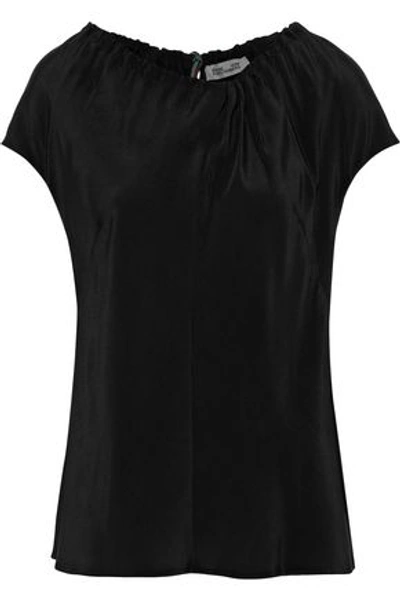 Shop Diane Von Furstenberg Striped Satin-trimmed Ruched Silk Top In Black