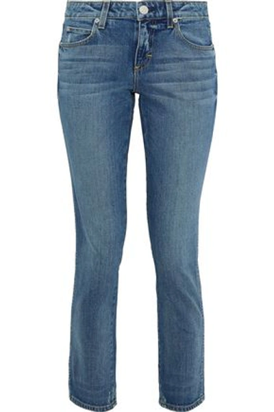 Shop Amo Woman Cropped Distressed Faded Mid-rise Skinny Jeans Mid Denim