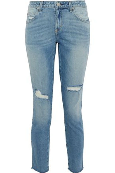Shop Amo Woman Stix Distressed Low-rise Slim-leg Jeans Light Denim