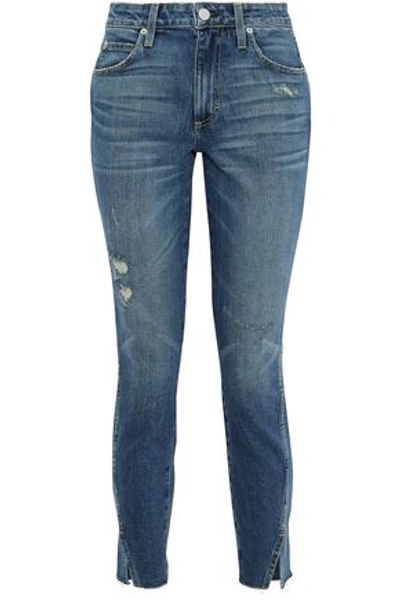 Shop Amo Woman Twist Cropped Distressed High-rise Slim-leg Jeans Mid Denim