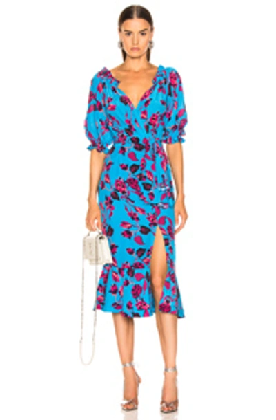 Shop Saloni Olivia Dress In Blue,floral. In Turquoise Japonica