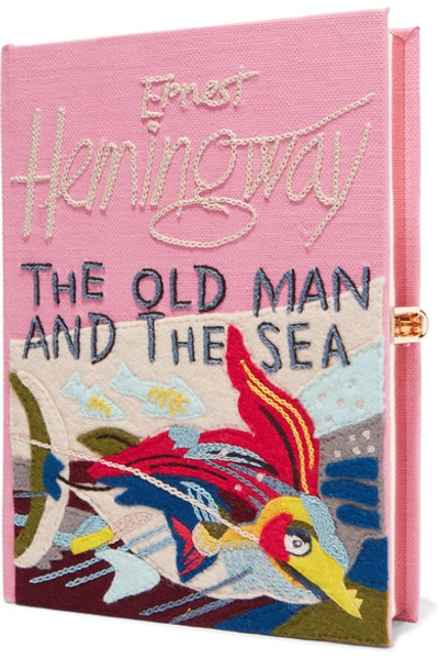 Shop Olympia Le-tan The Old Man And The Sea Appliquéd Embroidered Canvas Clutch In Pink