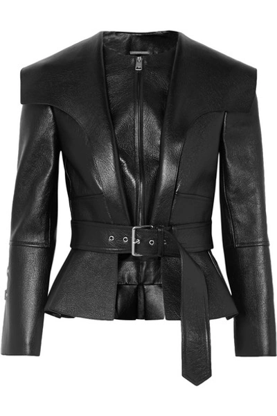 Shop Alexander Mcqueen Textured-leather Belted Peplum Jacket In Black