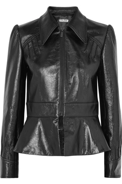 Shop Miu Miu Glossed-leather Peplum Jacket In Black