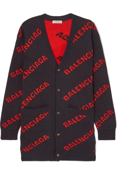 Shop Balenciaga Intarsia Wool-blend Cardigan In Navy