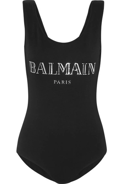 Shop Balmain Appliquéd Cotton-jersey Bodysuit In Black