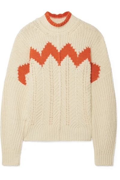 Shop Isabel Marant Bell Intarsia Paneled Open-knit Cotton-blend Turtleneck Sweater In Ecru