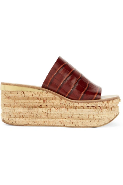 Shop Chloé Camille Croc-effect Leather Wedge Sandals In Dark Brown