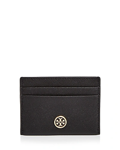 Shop Tory Burch Robinson Leather Card Case In Black/gold