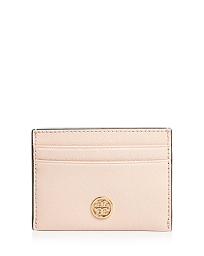 Shop Tory Burch Robinson Leather Card Case In Pale Apricot/gold