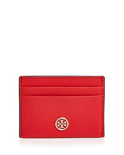 Shop Tory Burch Robinson Leather Card Case In Brilliant Red/gold