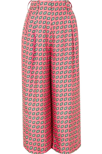 Shop Etro Printed Cropped Silk-twill Wide-leg Pants In Pink