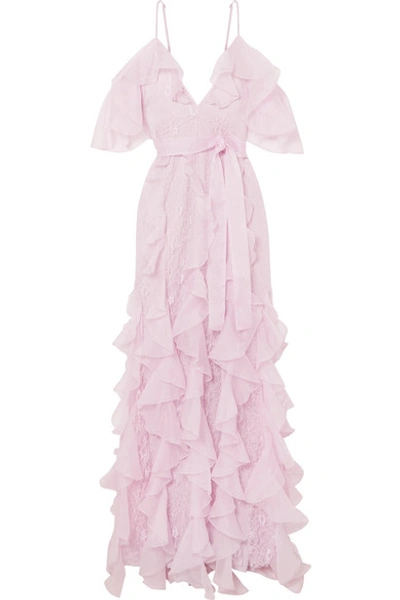 Shop Alice Mccall My Baby Love Cold-shoulder Ruffled Silk-organza And Corded Lace Maxi Dress In Lilac