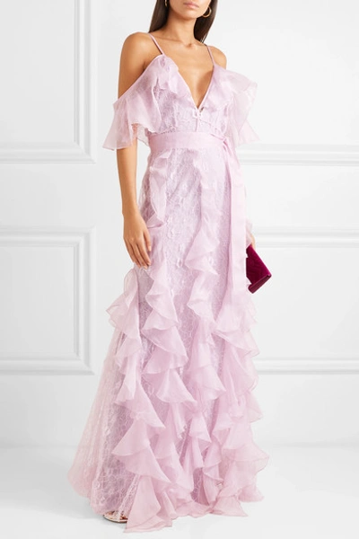 Shop Alice Mccall My Baby Love Cold-shoulder Ruffled Silk-organza And Corded Lace Maxi Dress In Lilac