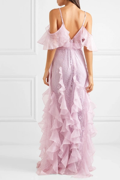 Shop Alice Mccall My Baby Love Cold-shoulder Ruffled Silk-organza And Corded Lace Maxi Dress In Lilac