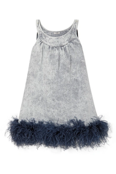 Shop Miu Miu Feather-trimmed Embroidered Denim Mini Dress In Gray