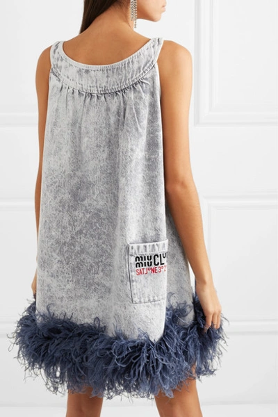 Shop Miu Miu Feather-trimmed Embroidered Denim Mini Dress In Gray