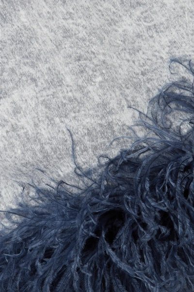 Shop Miu Miu Feather-trimmed Embroidered Denim Mini Dress In Gray