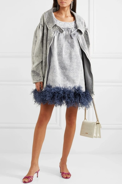 Shop Miu Miu Feather-trimmed Embroidered Denim Mini Dress In Gray