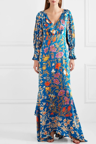 Shop Peter Pilotto Floral-print Hammered Stretch-silk Dress In Blue