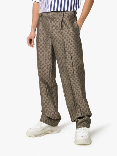 Shop Gucci Gg Logo Loose Fit Trousers In 9032 Brown