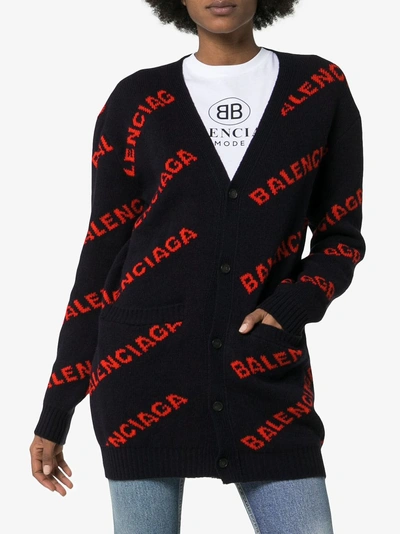 Shop Balenciaga Logo Intarsia Wool Cardigan In Blue