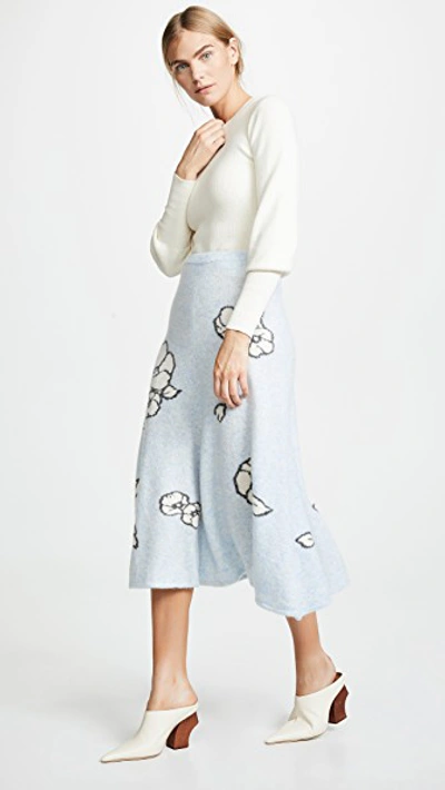Shop Adam Lippes Floral Intarsia Cashmere Circle Skirt In Ice Blue Multi