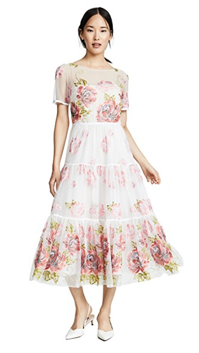 Shop Marchesa Notte Floral Embroidered Tea Length Gown In Ivory