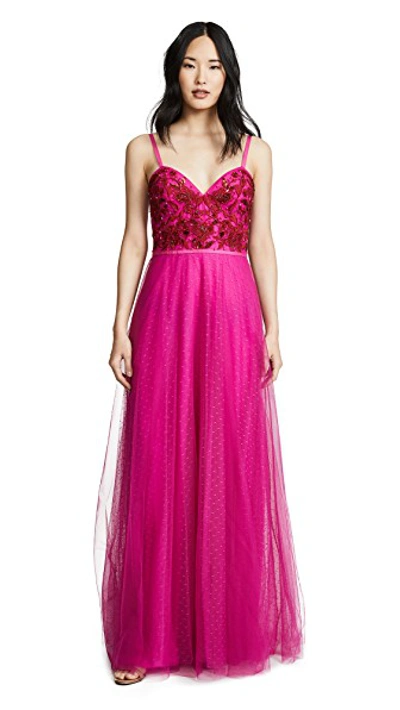 Shop Marchesa Notte Strapless Beaded Embroidered Gown In Fuschia