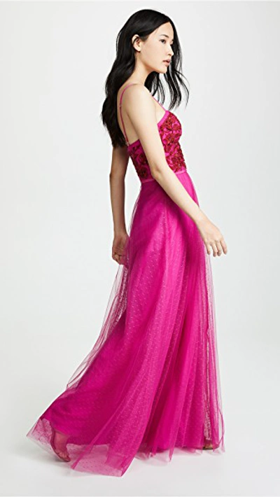 Shop Marchesa Notte Strapless Beaded Embroidered Gown In Fuschia