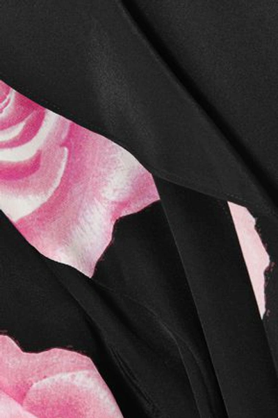 Shop Ganni Floral-print Silk Crepe De Chine Wrap Top In Black