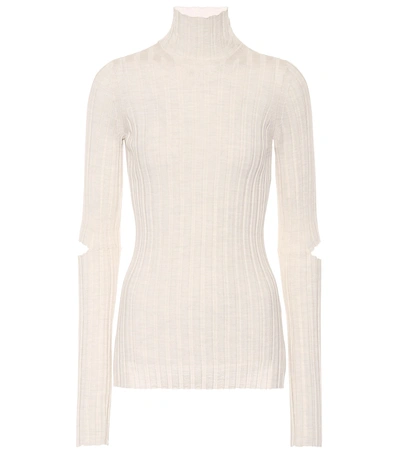 Shop Helmut Lang Ribbed Turtleneck Wool Sweater In White