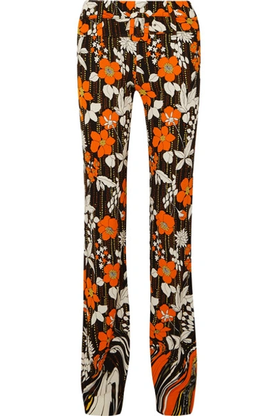 Shop Prada Floral-print Crepe Straight-leg Pants In Orange