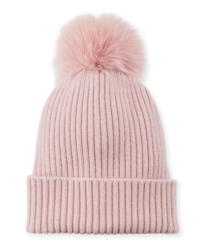 Shop Sofia Cashmere Ribbed Beanie With Fox Fur Pompom In Dusty Rose