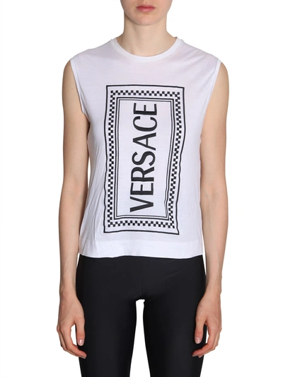 Shop Versace Top With Embroidered Logo In Bianco