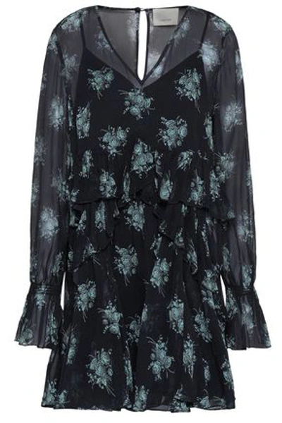 Shop Cinq À Sept Farris Ruffled Floral-print Silk-georgette Mini Dress In Midnight Blue