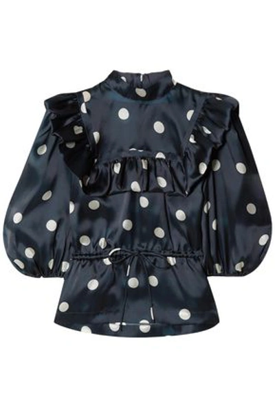 Shop Ganni Woman Ruffle-trimmed Polka-dot Silk Top Midnight Blue