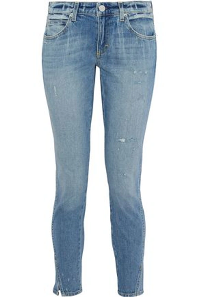 Shop Amo Woman Twist Distressed Low-rise Slim-leg Jeans Mid Denim