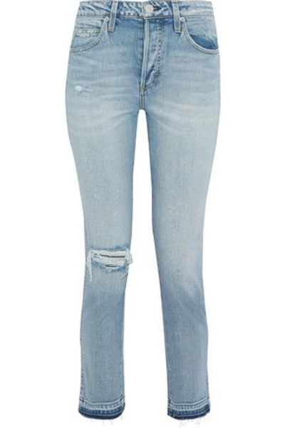 Shop Amo Babe Distressed Mid-rise Slim-leg Jeans In Light Denim