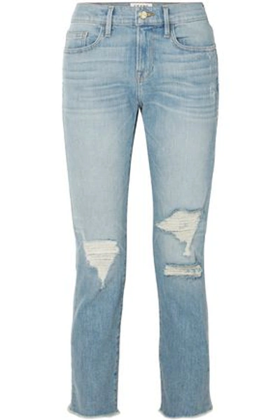 Shop Frame Cropped Low-rise Straight-leg Jeans In Mid Denim