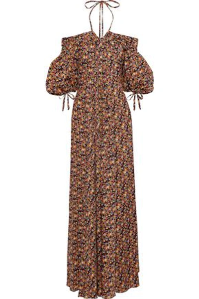 Shop Zac Posen Woman Cold-shoulder Pleated Printed Cotton-poplin Maxi Dress Multicolor