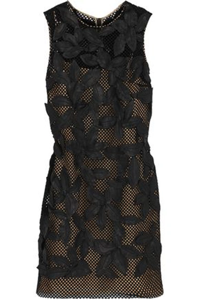 Shop Oscar De La Renta Woman Leather-appliquéd Cotton-blend Mini Dress Black