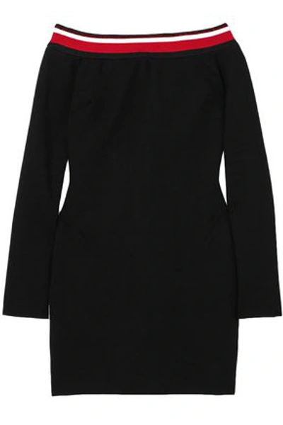 Shop Mugler Woman Off-the-shoulder Striped Stretch-jersey Mini Dress Black