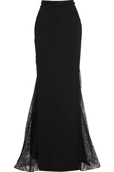 Shop Zuhair Murad Woman Crystal-embellished Lace-paneled Crepe Maxi Skirt Black