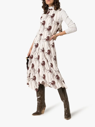 Shop Chloé Scarf Detail Horse Print Dress In 9ou White Brown