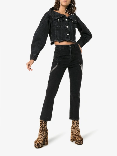 Shop Sandy Liang Reny Raw Edge Cropped Denim Jacket In Black