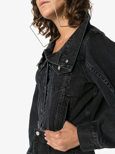 Shop Sandy Liang Reny Raw Edge Cropped Denim Jacket In Black
