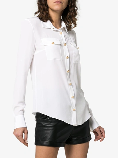 Shop Balmain Collared Gold-tone Button Silk Shirt In 0fa White