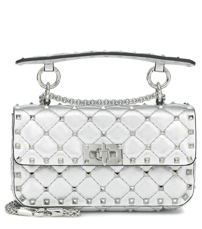 Shop Valentino Rockstud Spike Small Leather Shoulder Bag In Silver
