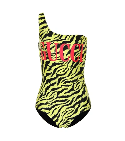 Shop Gucci One-shoulder Zebra-printed Swimsuit In Yellow